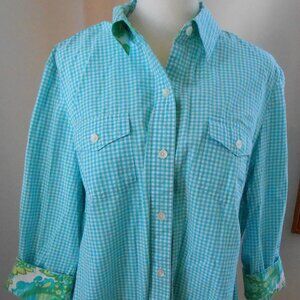 Adrienne Vittadini Teal & White Checked Collared Blouse Paisley Lining- Med-READ